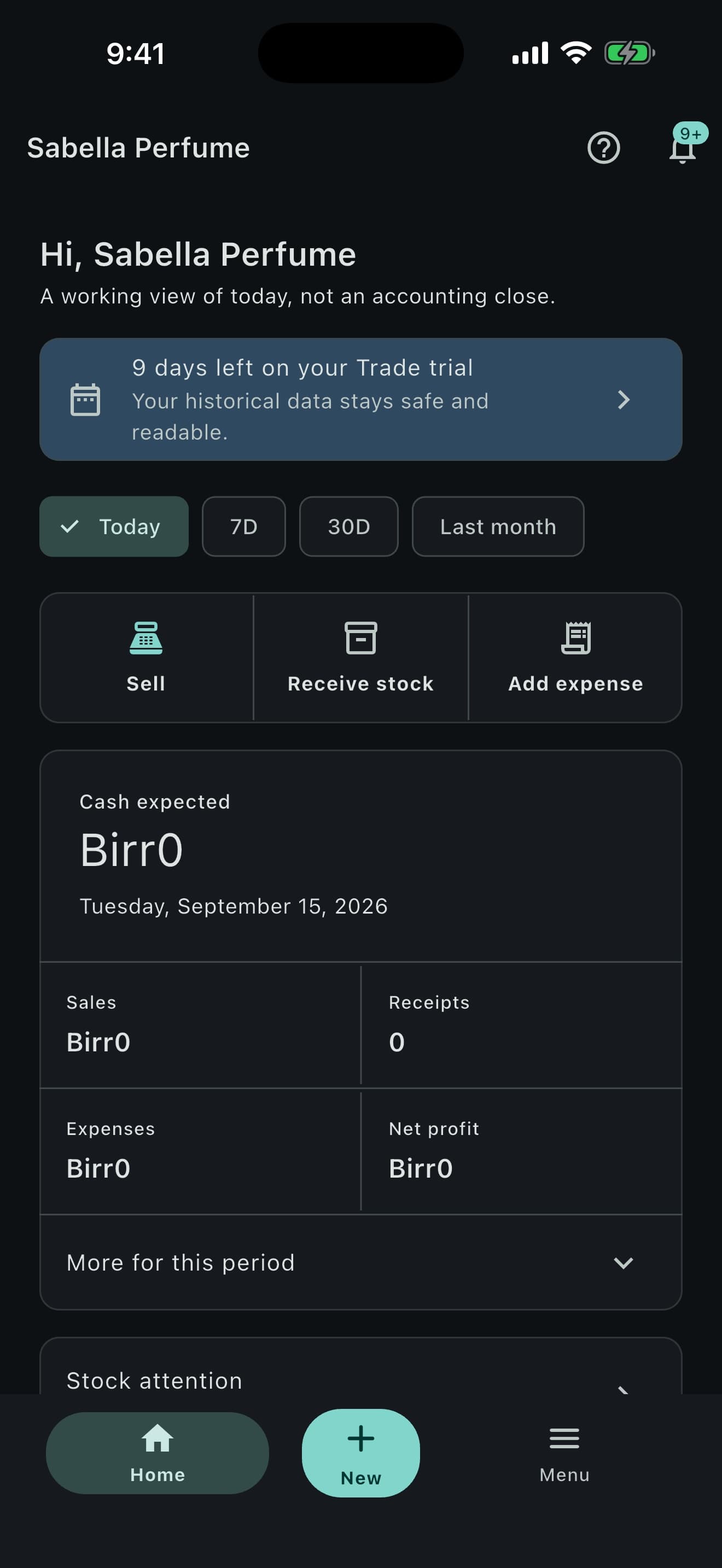 Mizan mobile dashboard with sales, stock and expense actions