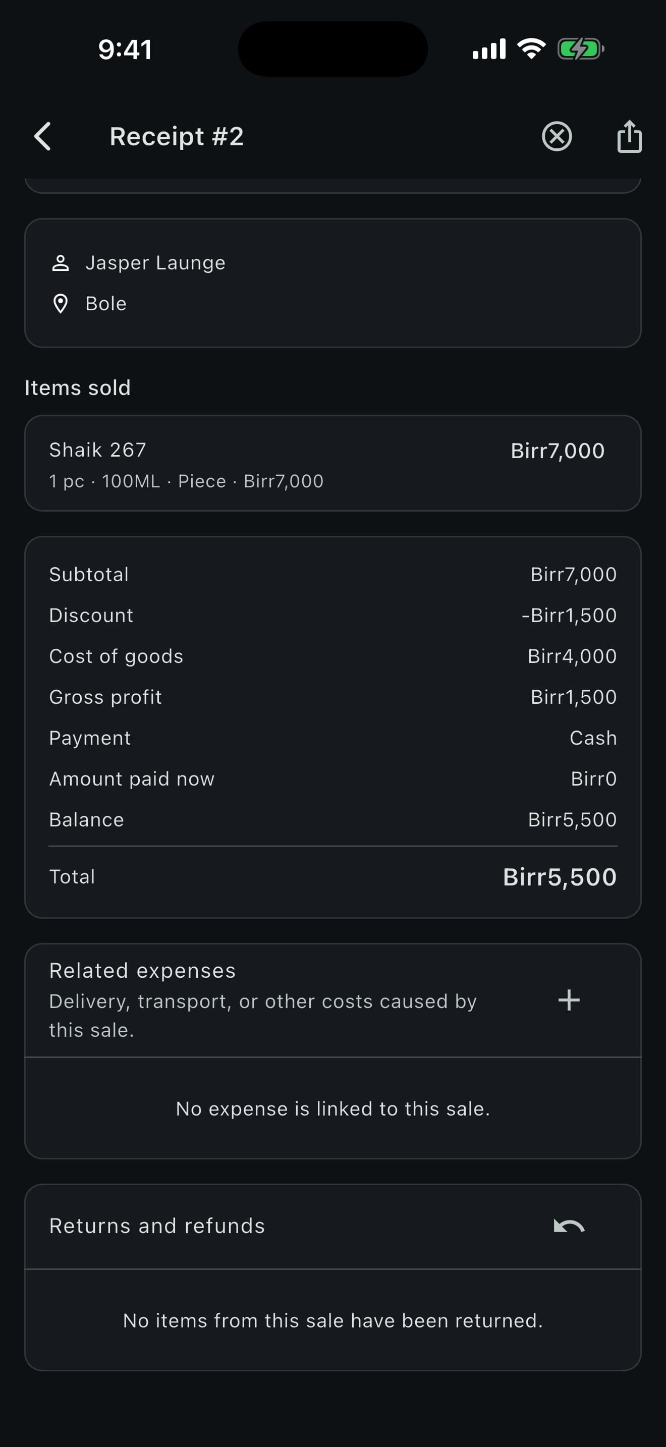 Mizan sale receipt showing items, costs and profit