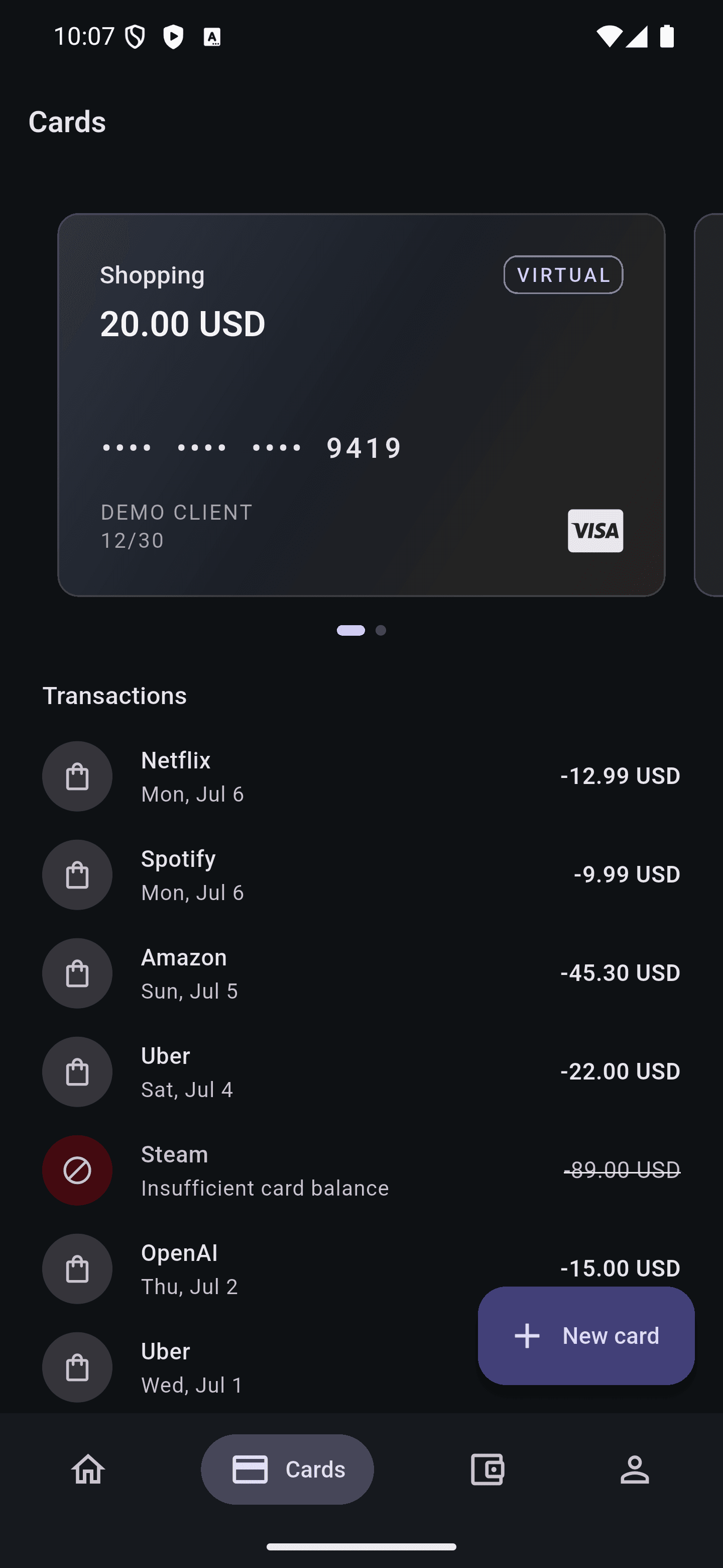 YeneCard mobile application card screen